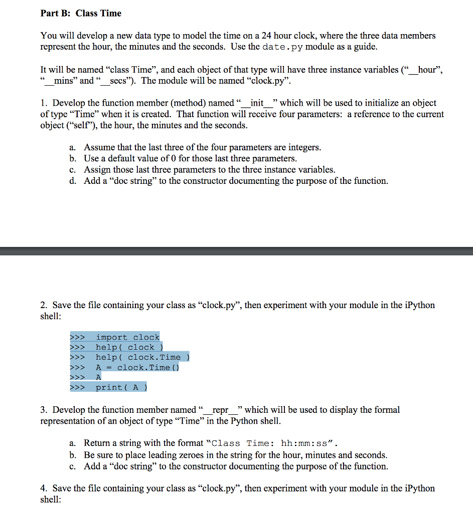 Solved Part B: Class Time You will develop a new data type | Chegg.com