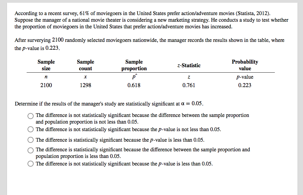 Solved According to a recent survey, 61% of moviegoers in | Chegg.com