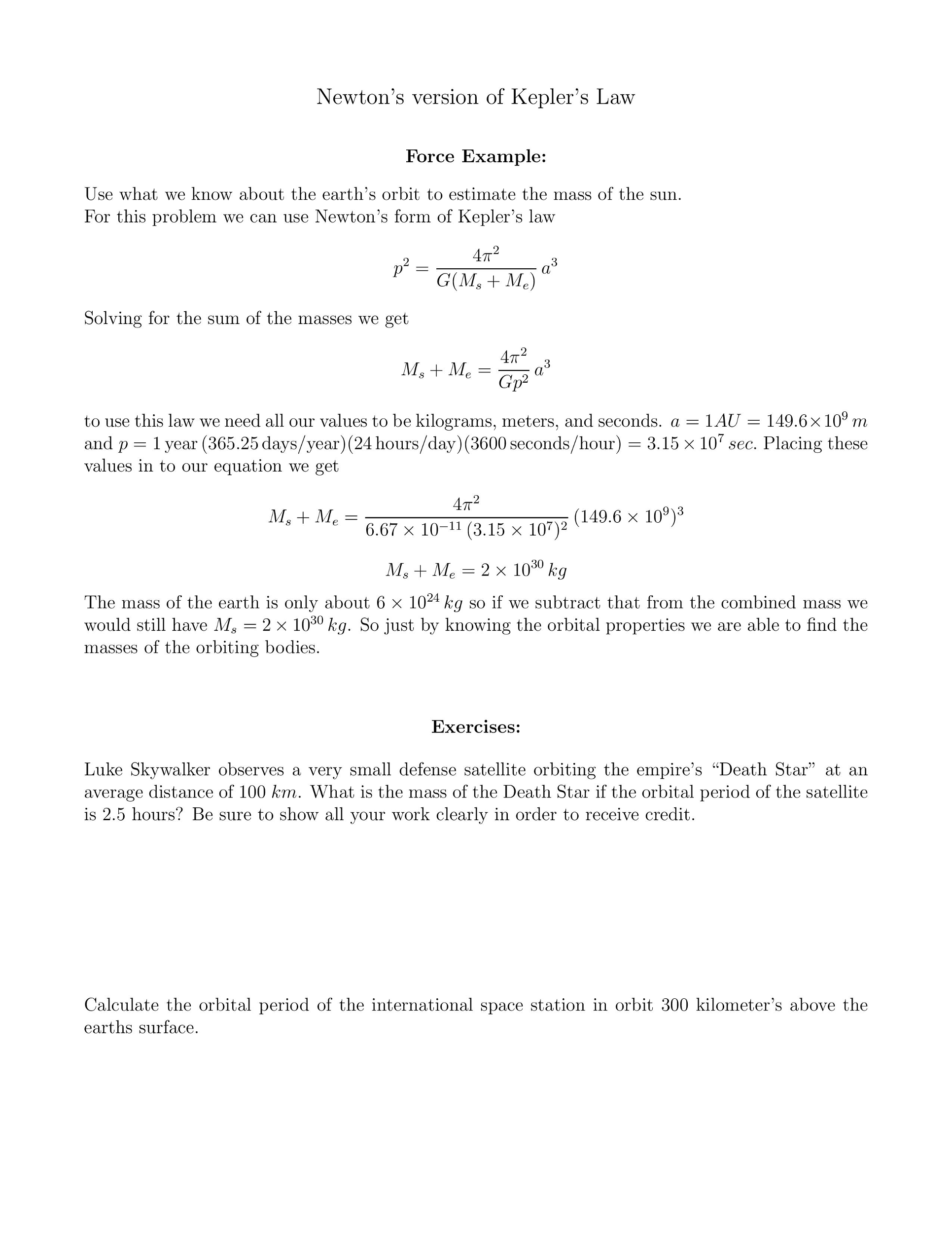 Newton's version of Kepler's Law Force Example Use | Chegg.com