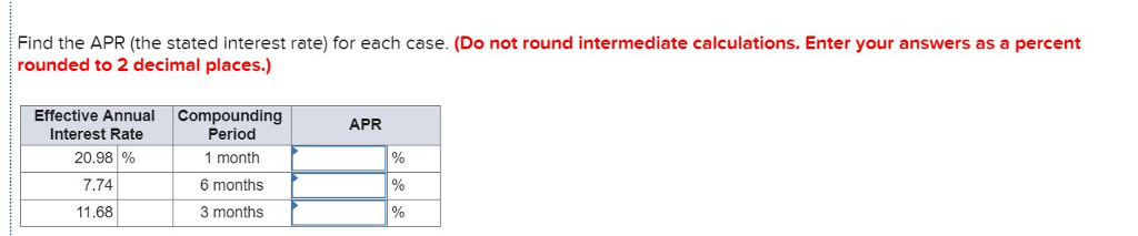 Solved Find the APR (the stated interest rate) for each | Chegg.com