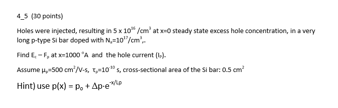 Solved Holes were injected, resulting in 5 x 10^16/cm^3 at x | Chegg.com