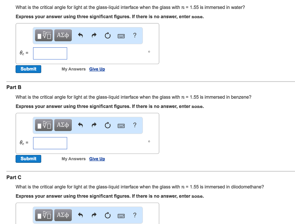 Solved What is the critical angle for light at the