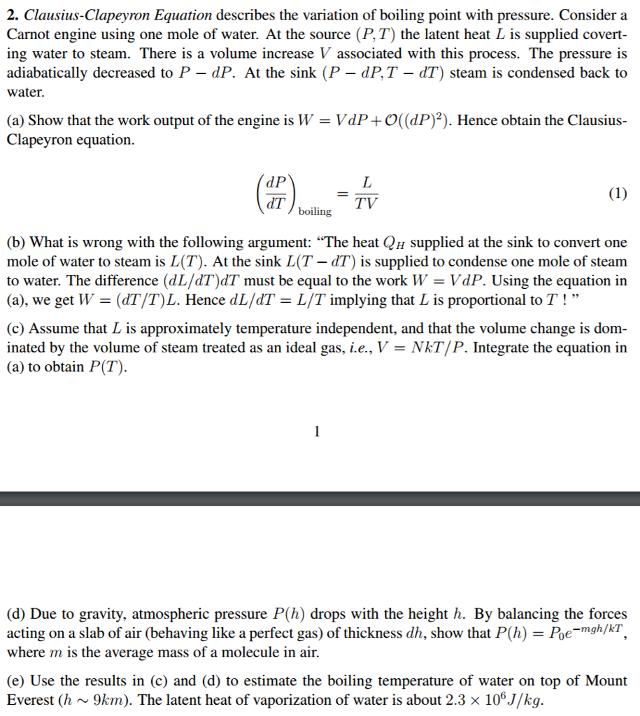 Solved Clausius-Clapeyron Equation Describes The Variation | Chegg.com