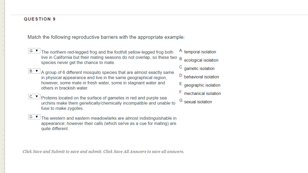 Solved QUESTION9 Match the following reproductive barriers