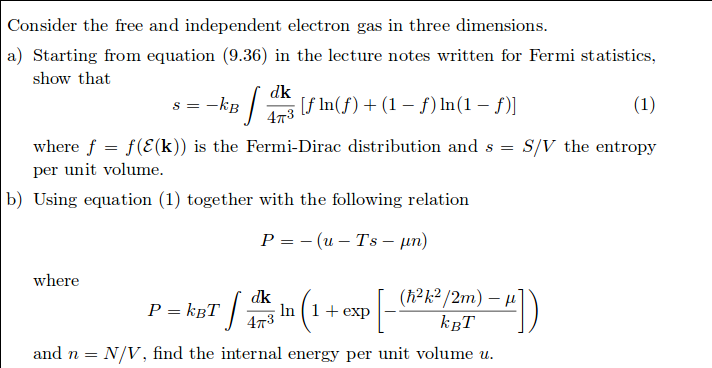 Consider the free and independent electron gas in | Chegg.com