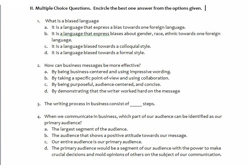 essay questions for business communication