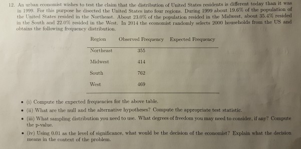 Solved 12. An urban economist wishes to test the claim that | Chegg.com