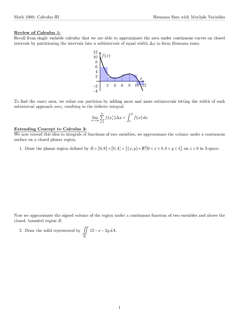 Solved Math 2100 Calculus III Riemann Sum with Mutliple Va