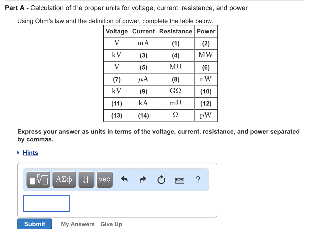 Solved Calculation of the proper units for voltage, current,