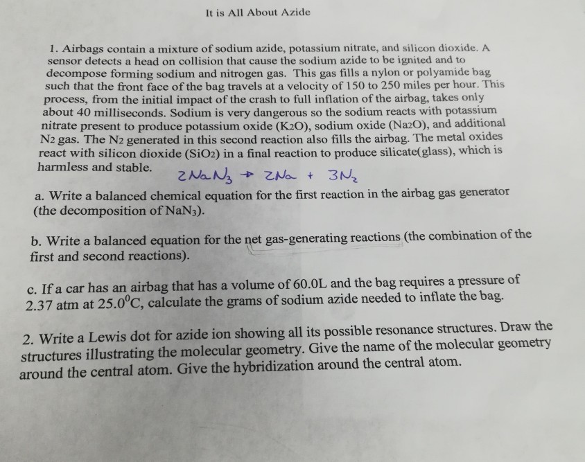 Solved It is All About Azide 1. Airbags contain a mixture of