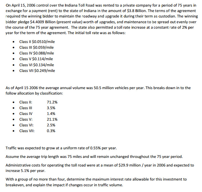 Solved An Updated Version Of The Indiana Toll Road Problem Chegg