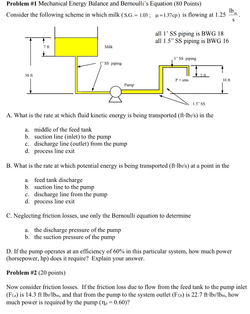 Solved Problem #1 Mechanical Energy Balance And Bernoulli's | Chegg.com