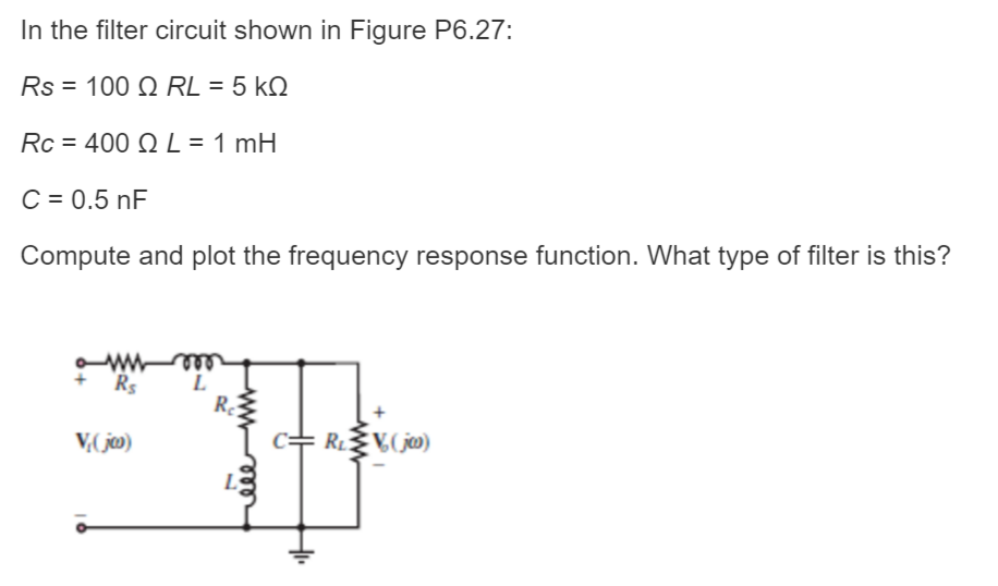 Solved In the filter circuit shown in Figure P6.27: Rs= 100 | Chegg.com