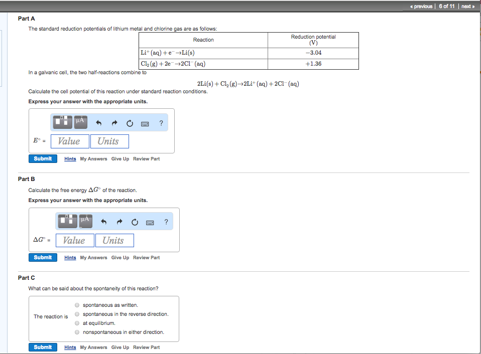 Solved The standard reduction potentials of lithium metal