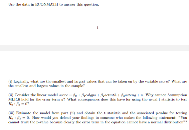 Use the data in ECONMATH to answer this question. (i) | Chegg.com