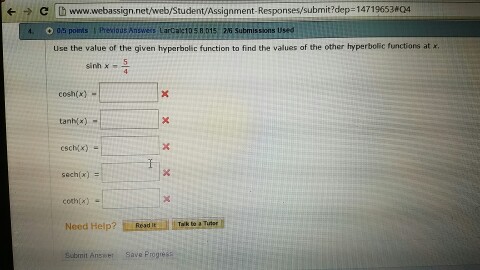 Solved hyperbolic Functions please help | Chegg.com