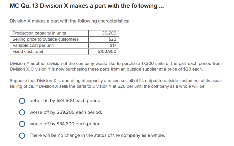 Solved Division X Makes A Part With The Following | Chegg.com