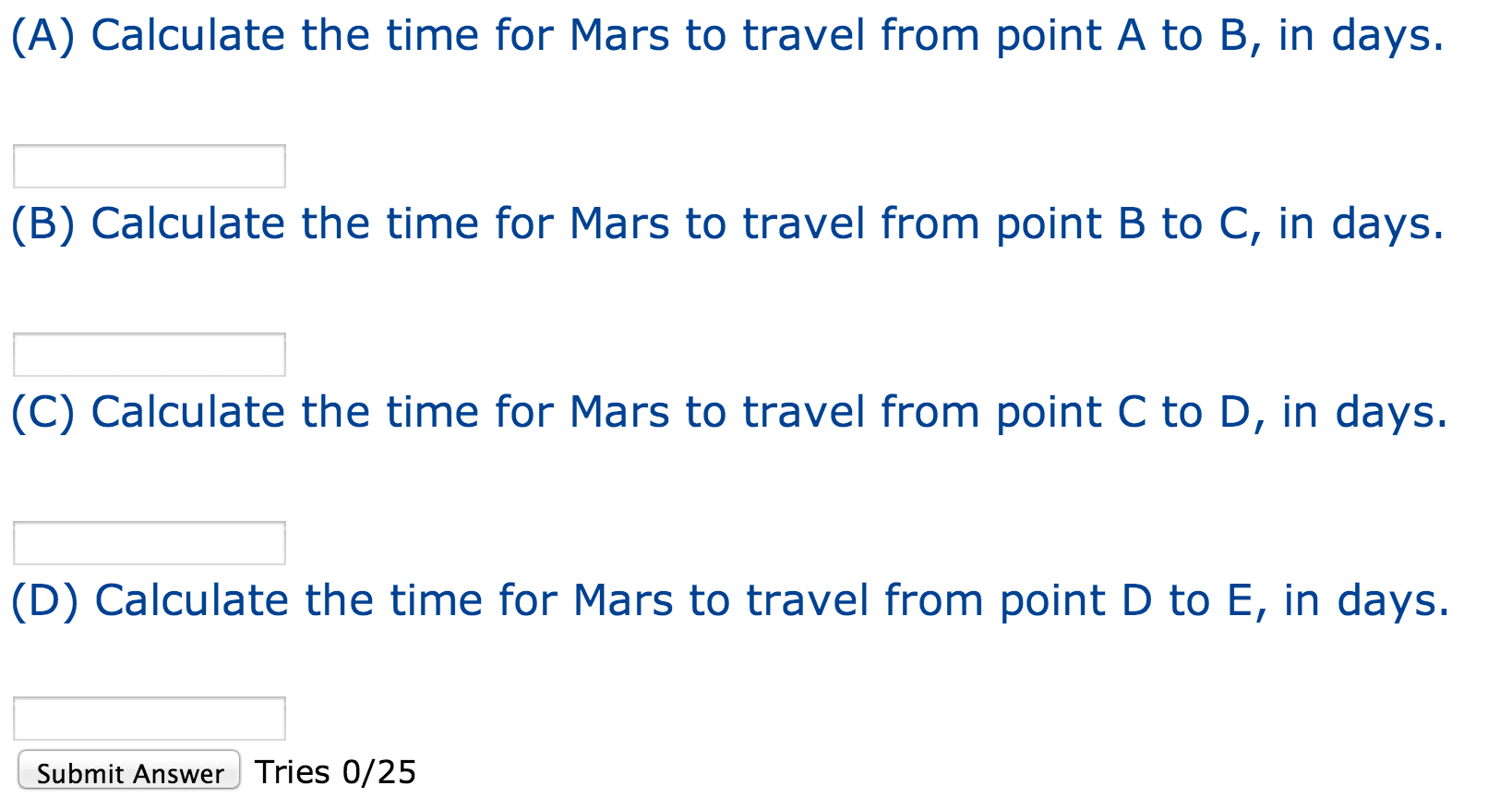 Calculate the time for Mars to travel from point A to