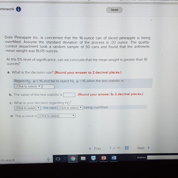 Solved mework Saved Dole Pineapple Inc. is concerned that