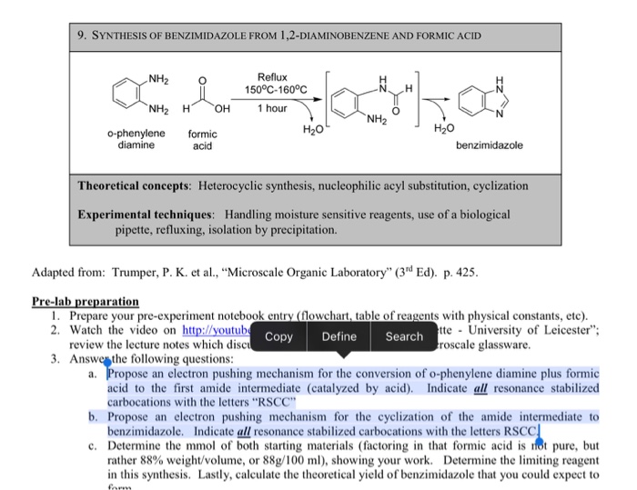 Solved 9. SYNTHESIS OF BENZIMIDAZOLE FROM 1,2-DIAMINOBENZENE | Chegg.com