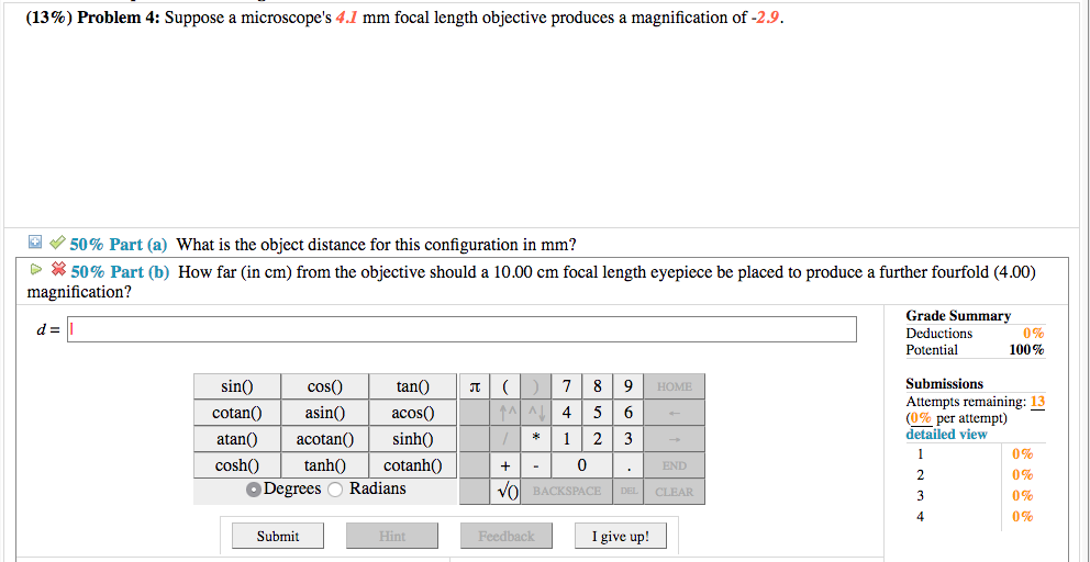 Solved (13%) Problem 4: Suppose a microscope's 4.1 mm focal | Chegg.com