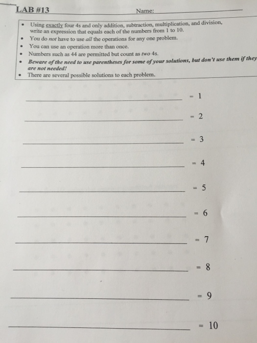 Solved Using exactly four 4s and only addition, subtraction, | Chegg.com