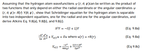 Solved Assuming that the hydrogen atom wavefunctions psi (r, | Chegg.com