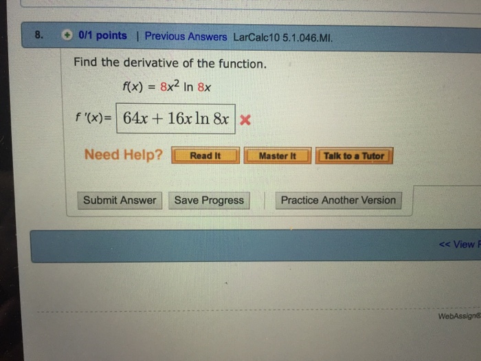 find the derivative of the function f x ln x 8 x2