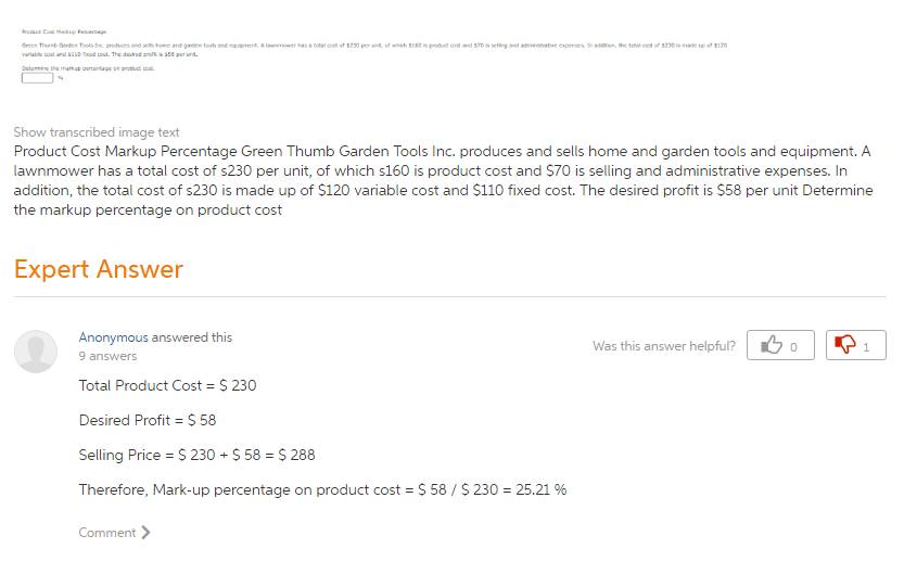 Solved Product Cost Markup Percentage Green Thumb Garden