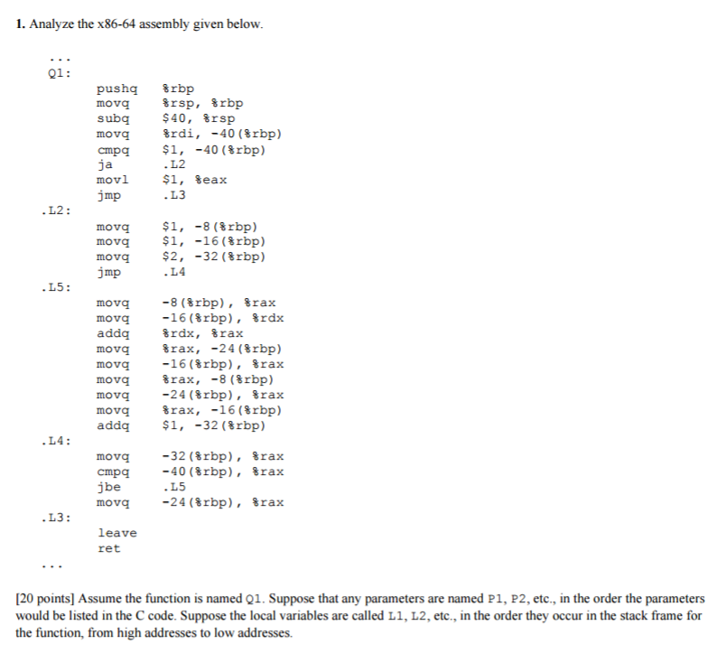 Solved Analyze The X86-64 Assembly Given Below. ... Q1 | Chegg.com