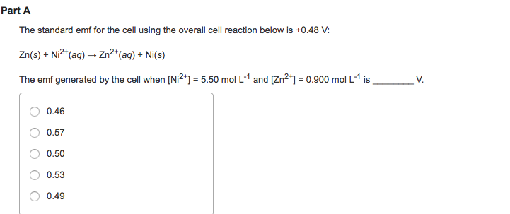 Solved The standard emf for the cell using the overall cell | Chegg.com