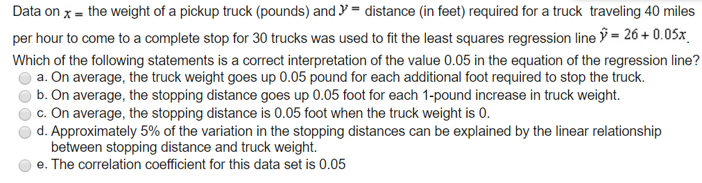 Solved Data on x = the weight of a pickup truck (pounds) and | Chegg.com