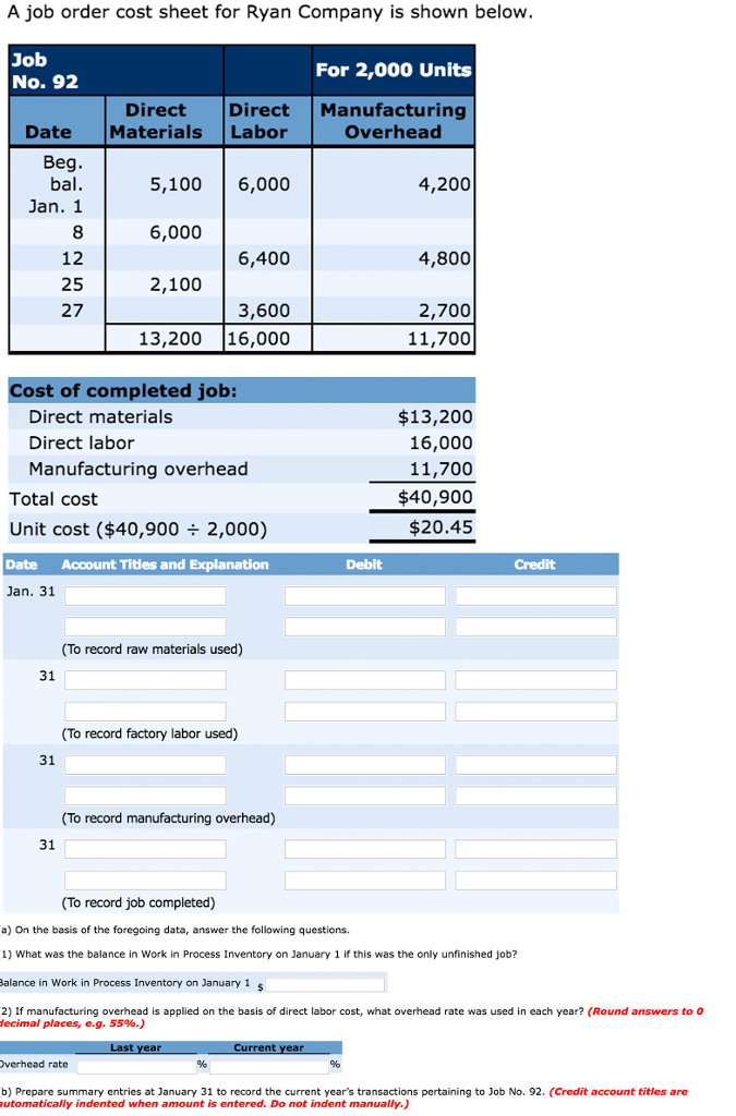 Solved A job order cost sheet for Ryan Company is shown | Chegg.com