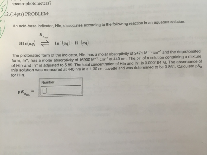 Solved An acidbase indicator, Hin, dissociates according to
