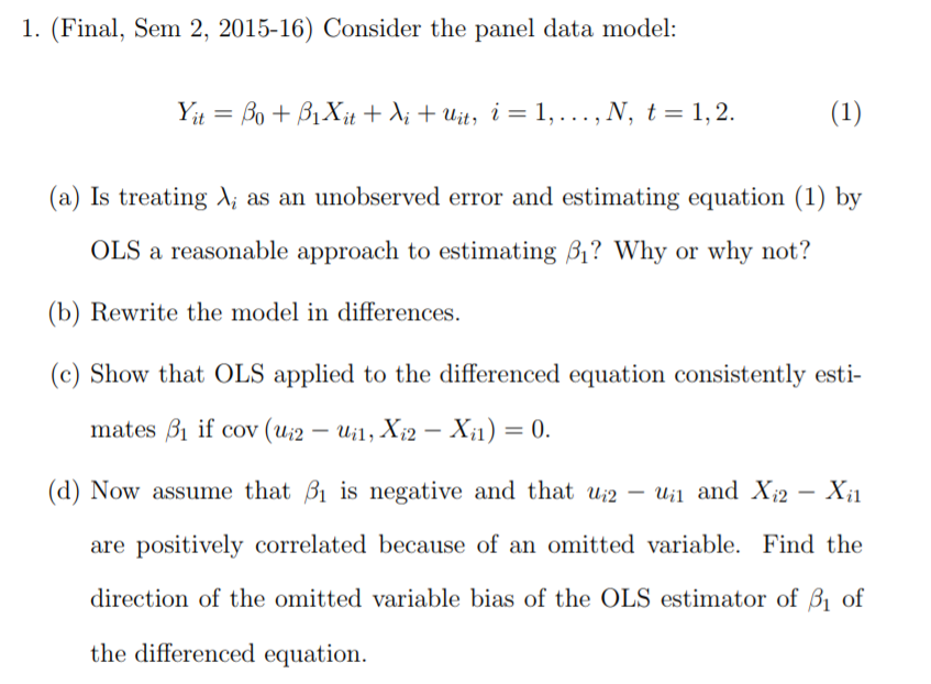 1. (Final, Sem 2, 2015-16) Consider The Panel Data | Chegg.com