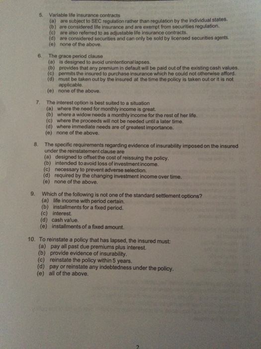 5. Variable life insurance contracts (a) we subject | Chegg.com