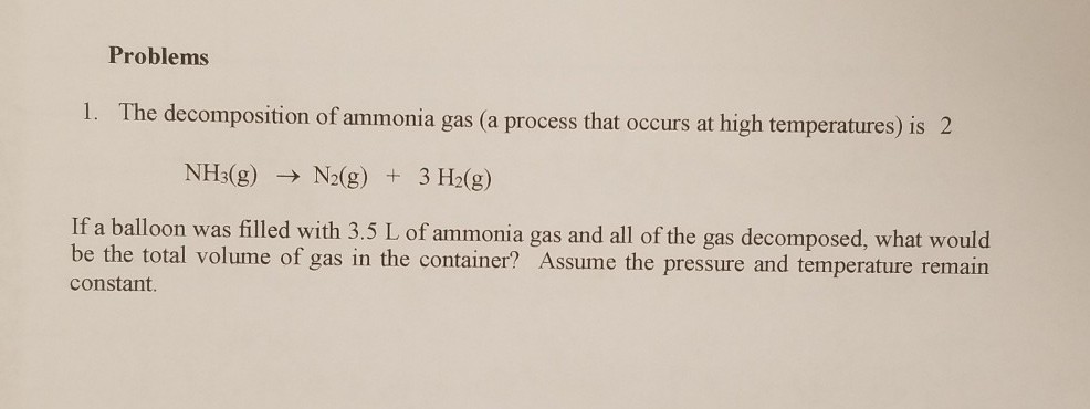 Solved Problems The decomposition of ammonia gas (a process | Chegg.com