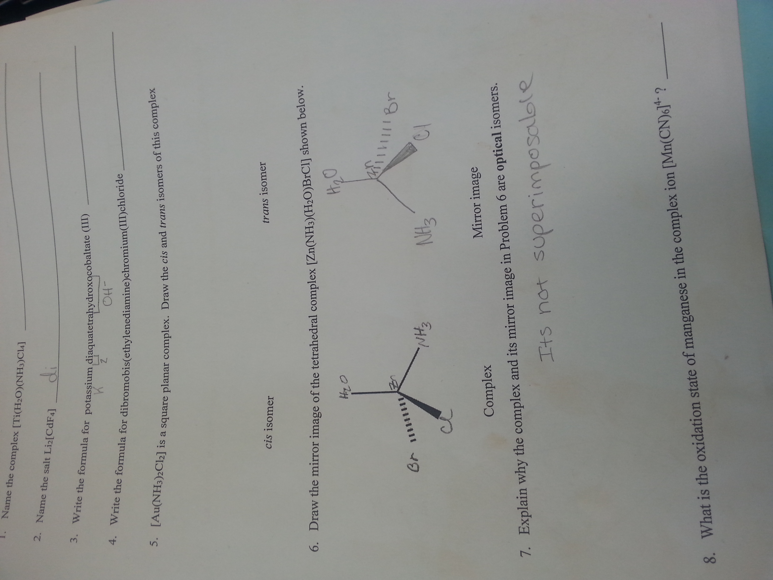 Solved Draw the mirror image of the tetrahedral complex | Chegg.com