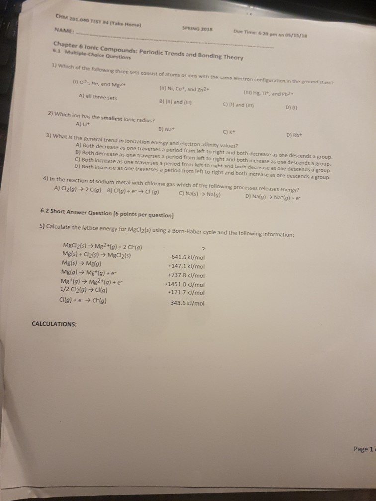 Solved CHM 201.040 TEST 4 (Take Home) NAME: Chapter 6 Ionic | Chegg.com