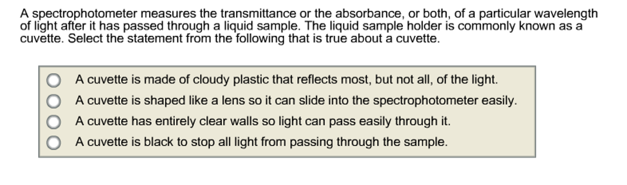 Solved A spectrophotometer measures the transmittance or the