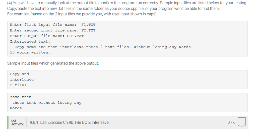 Solved 9.8 Lab Exercise Ch.9b: File I/O & Interleave Write | Chegg.com