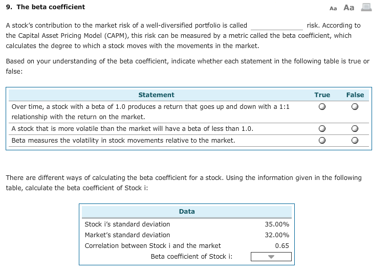 Solved 9. The beta coefficient Aa Aa risk. According to A