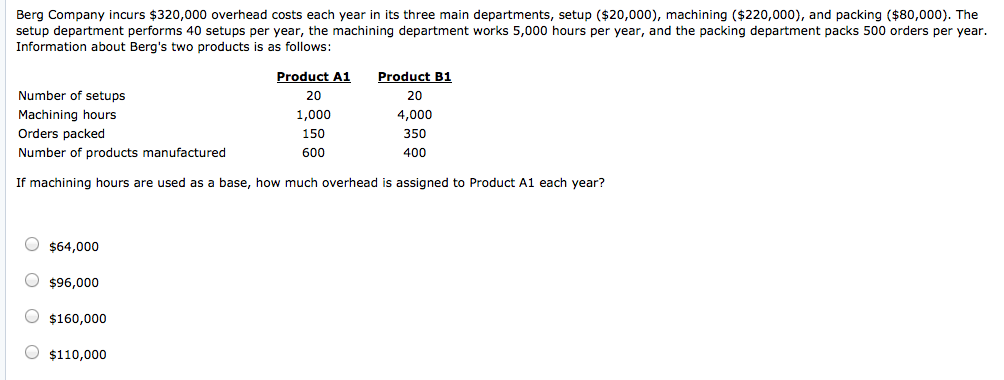 Solved Berg Company incurs $320,000 overhead costs each year | Chegg.com
