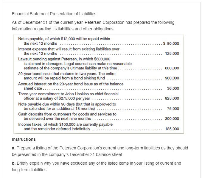 Solved Financial Statement Presentation of Liabilities As of | Chegg.com