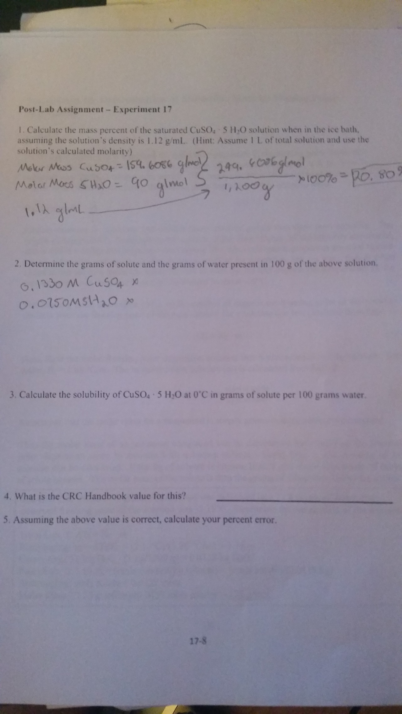 Solved Post-Lab Assignment- Experiment 17 I Calculate the | Chegg.com