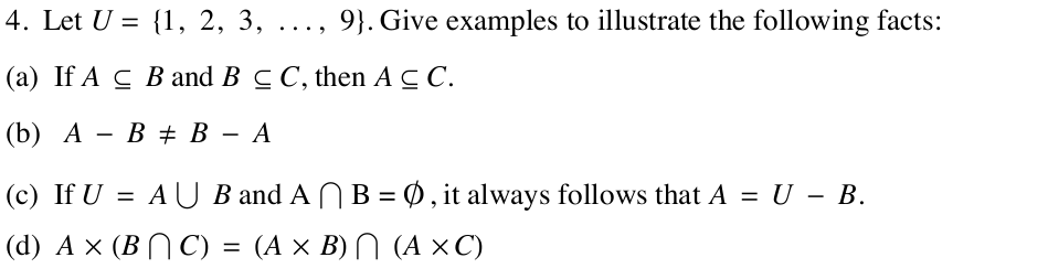 Solved Let U = {1, 2, 3, ..., 9}. Give examples to | Chegg.com