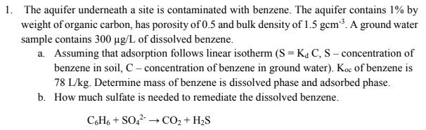 Solved The aquifer underneath a site is contaminated with | Chegg.com