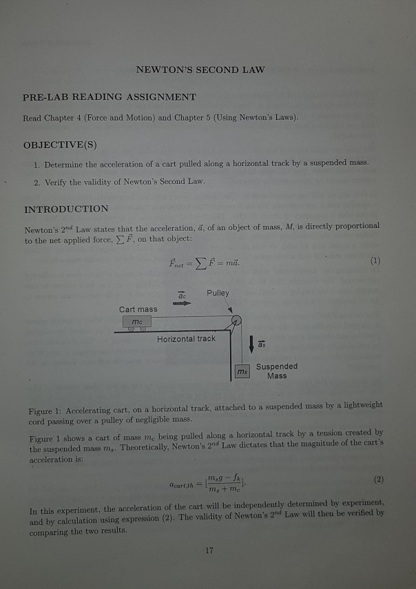 Solved NEWTON'S SECOND LAW PRE-LAB READING ASSIGNMENT Read | Chegg.com