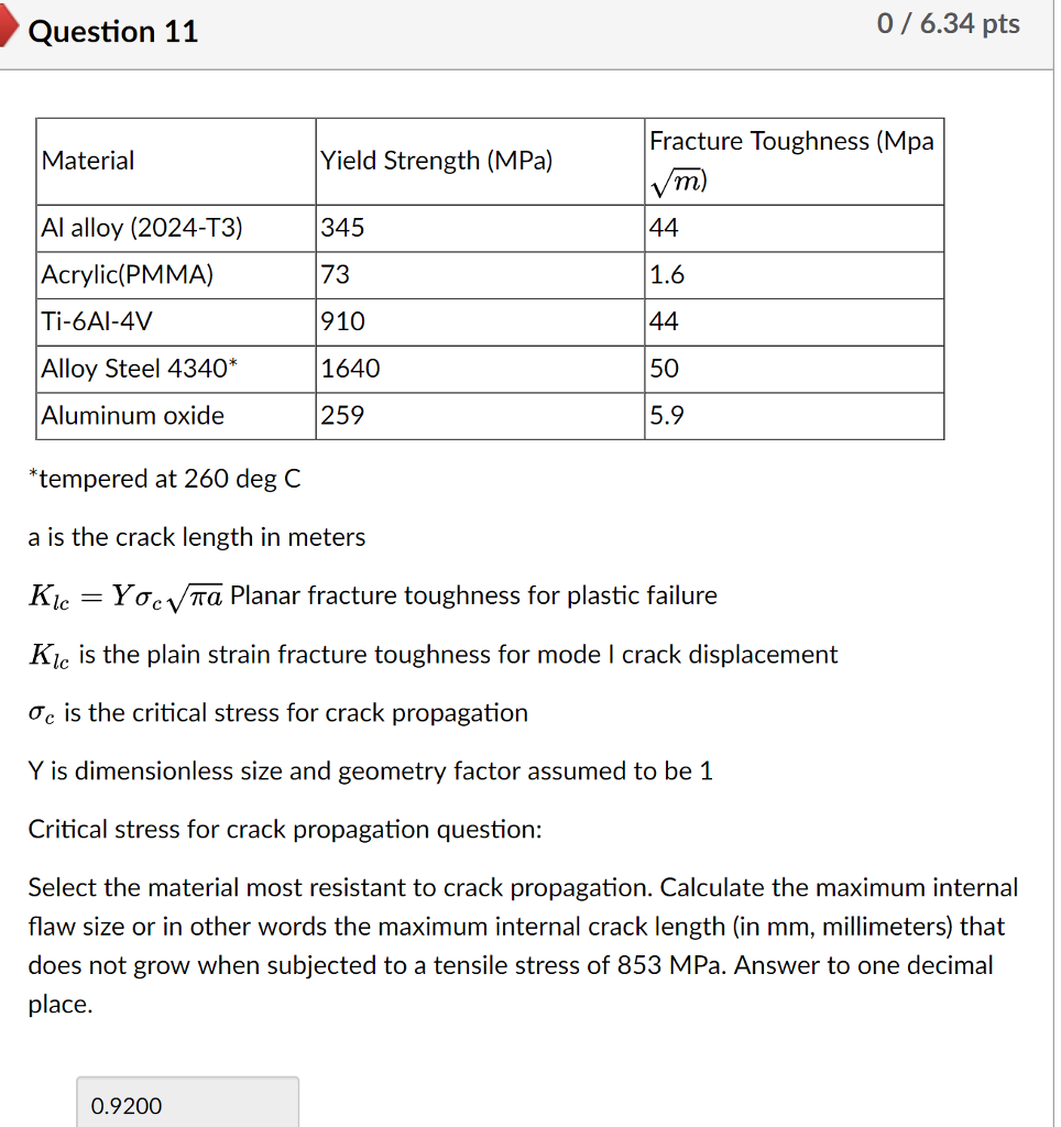 Solved Question 11 0 6.34 pts Fracture Toughness (Mpa