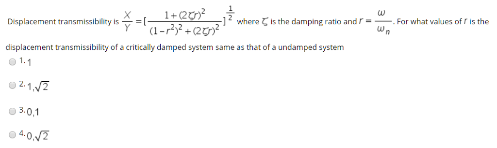 Solved Displacement Transmissibility Is ] 2 Where ζ Is The 